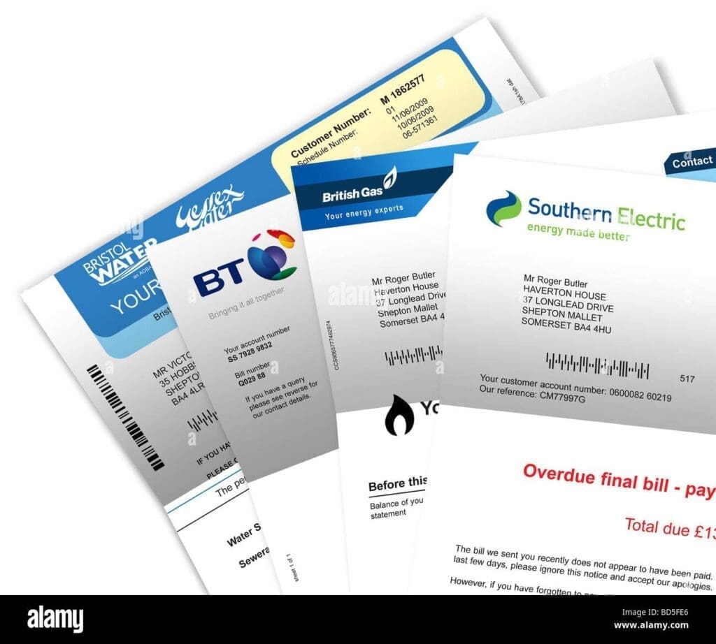 utility bills gas electricity telephone and water on white background BD5FE6