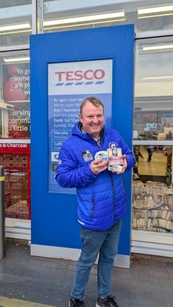 Carwyn Adams with Cheese Tesco Store Entrance PORTRAIT